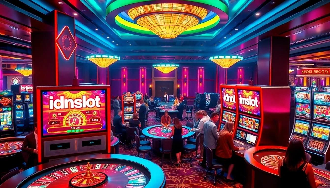 Players enjoying thrilling idnslot experiences on vibrant casino floor with animated slot machines.