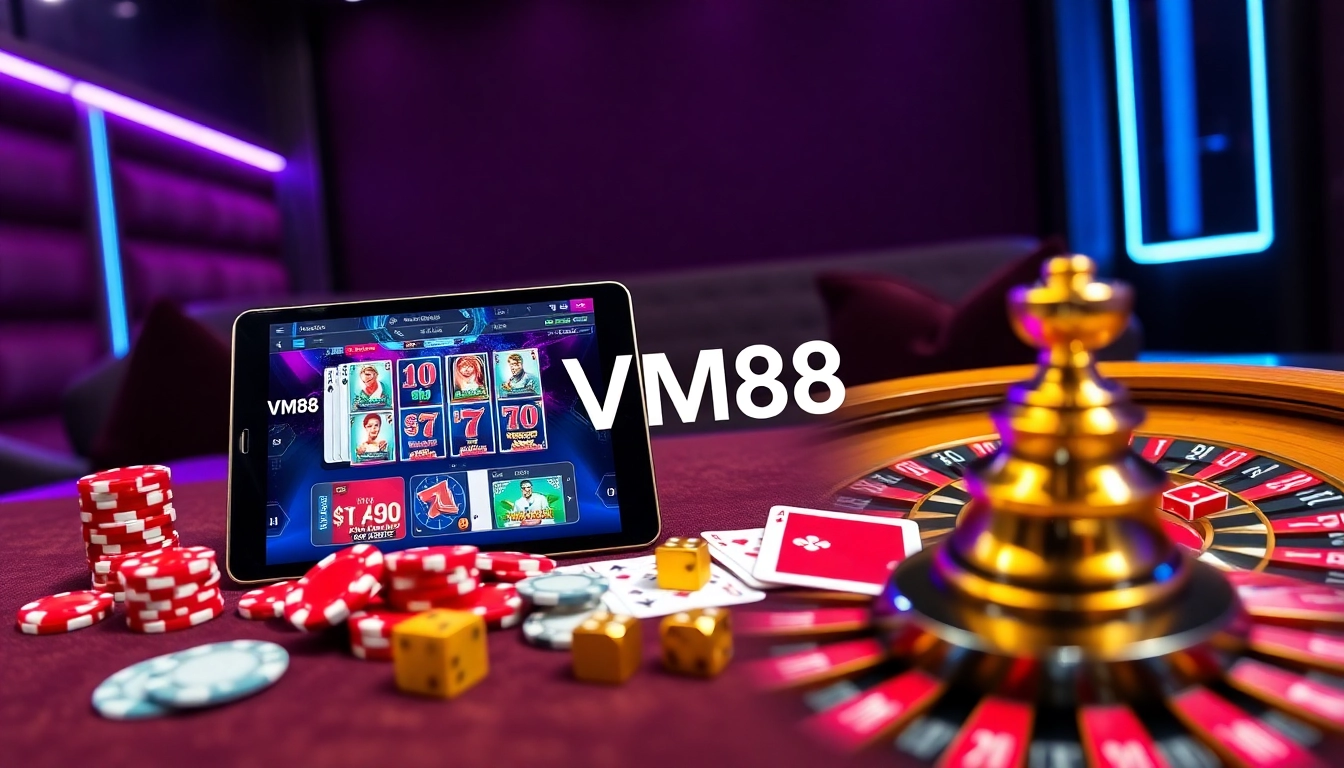 Engaging VM88 online casino gameplay featuring poker chips, cards, and vibrant slot action