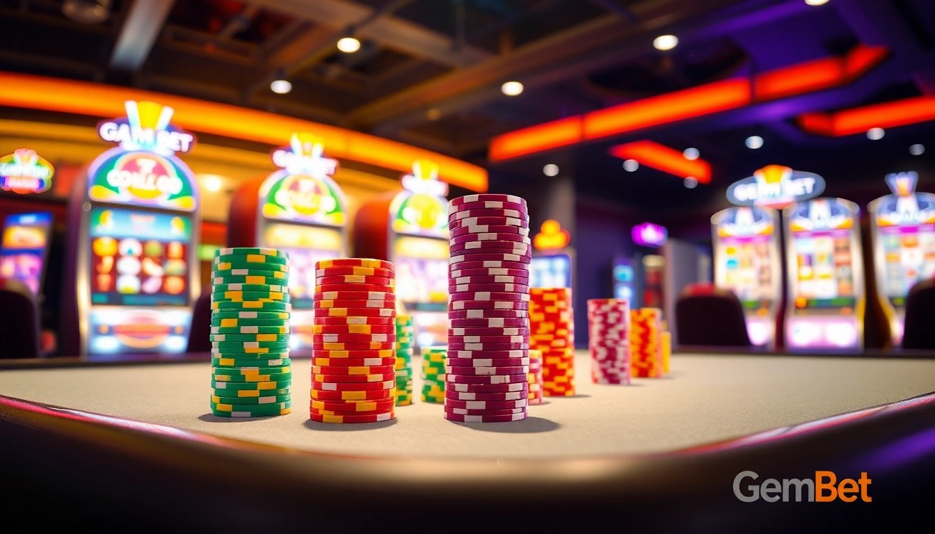 Engaging casino scene with GemBet gaming table, colorful chips, and vibrant slot machines glowing.