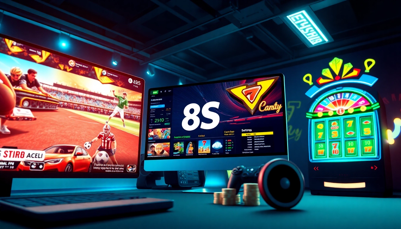 Experience the excitement of 8s gaming with vibrant visuals of sports betting and dynamic casino scenes.