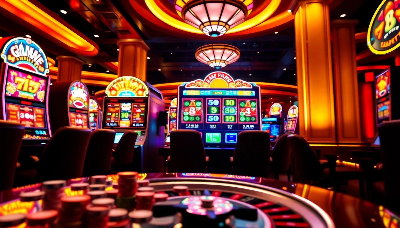 Dynamic scene of game nổ hũ slot machines showcasing jackpot wins and high RTP rates in a luxury casino setting