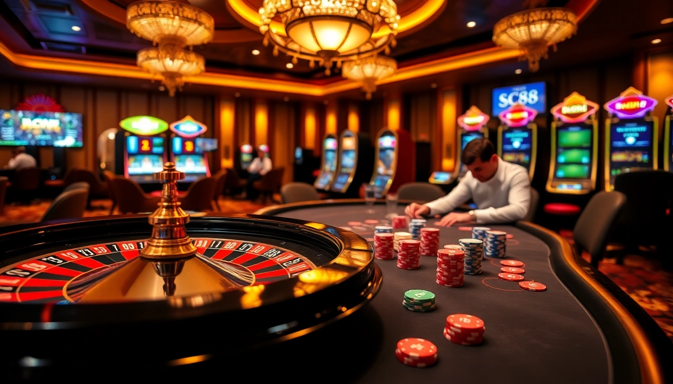 SC88 betting action unfolds at a vibrant casino table with roulette and poker chips.