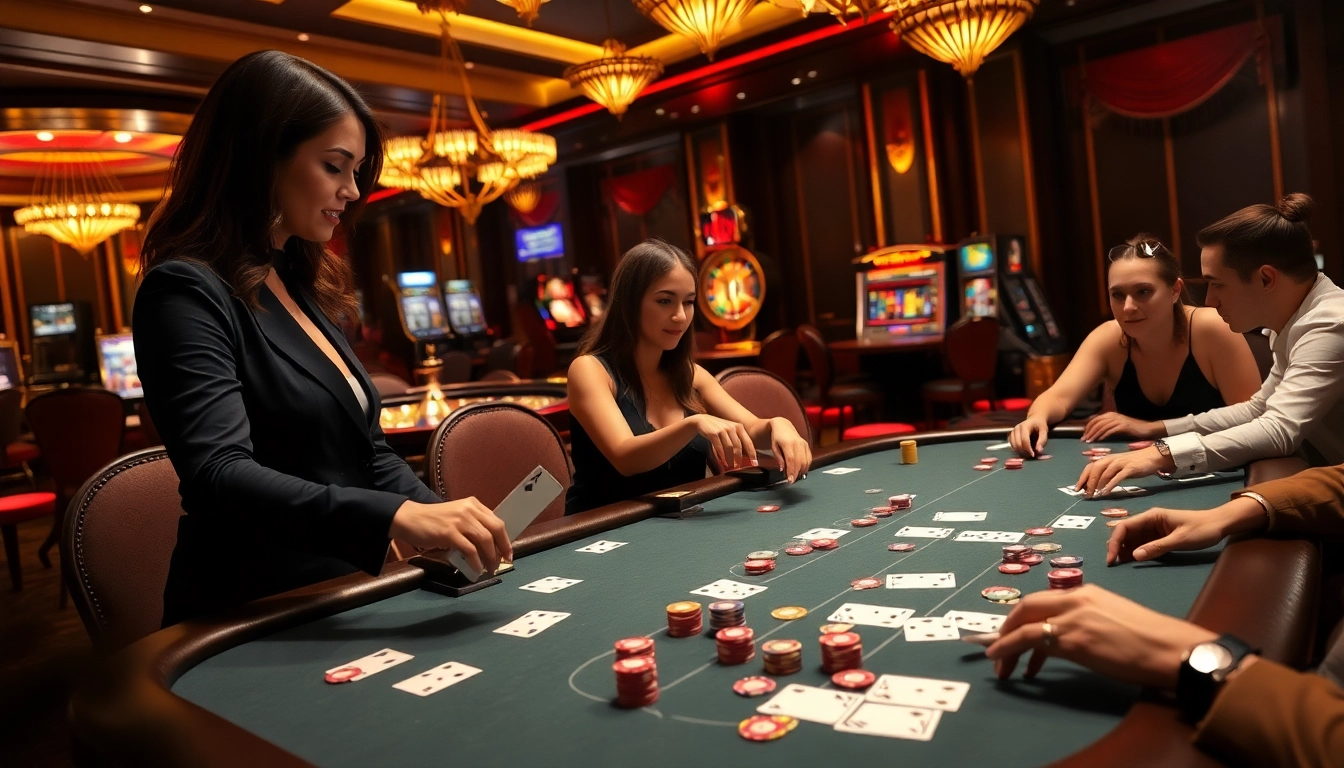 DH88 players engaging with luxurious casino tables showcasing vibrant poker chips and cards.