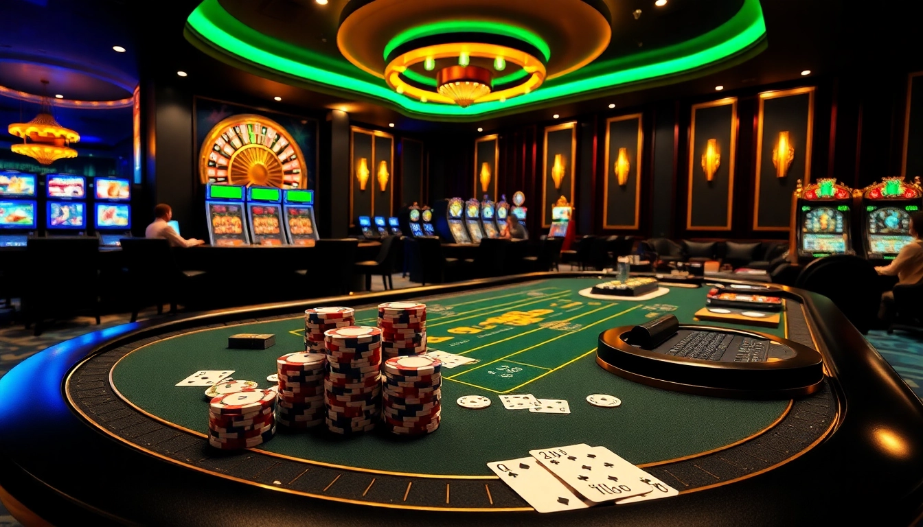 Gamblers enjoying an exciting game at thabet casino, featuring poker chips and slot machines.