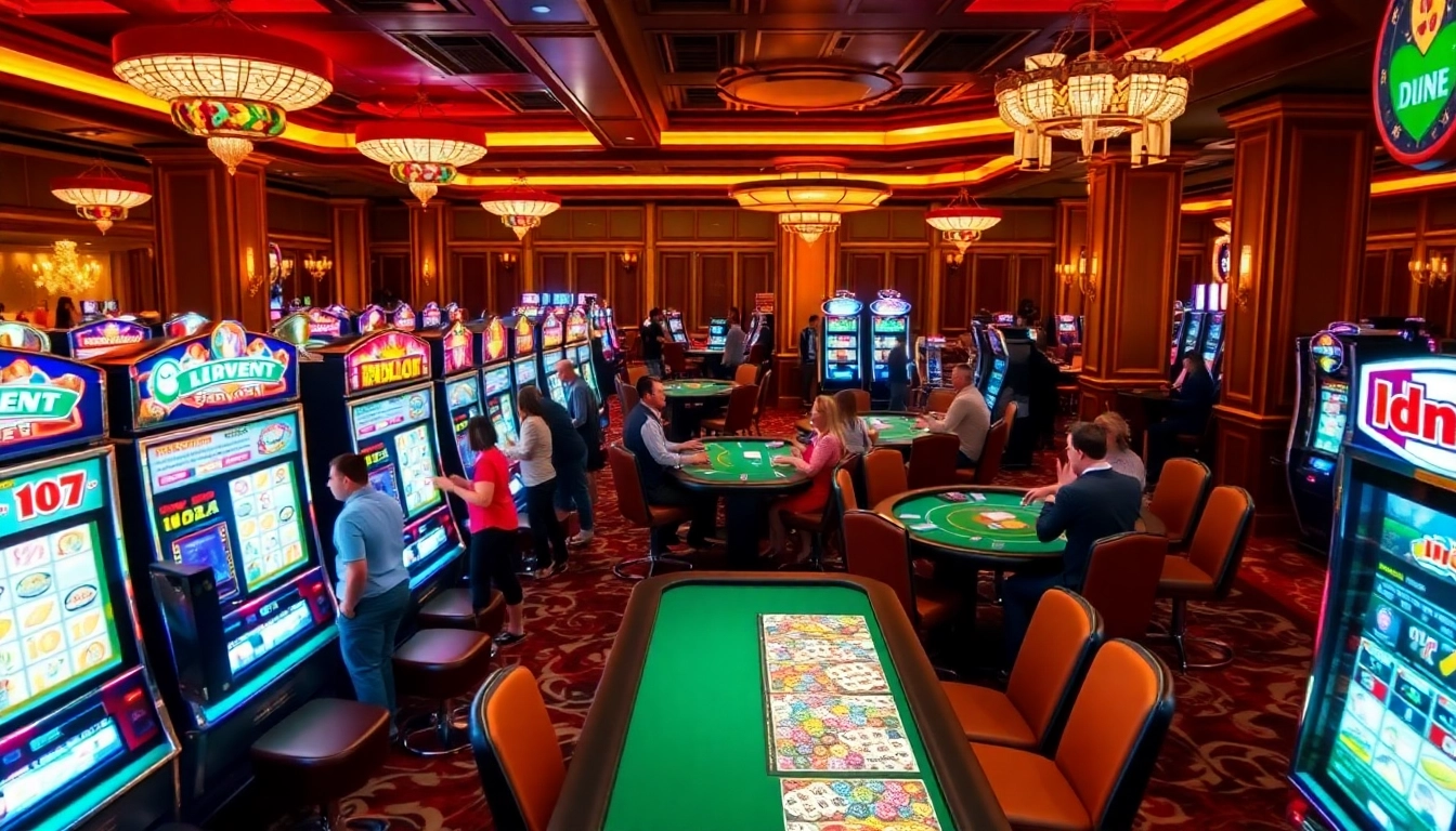 Excited players engage with idn slot machines inside a vibrant casino.