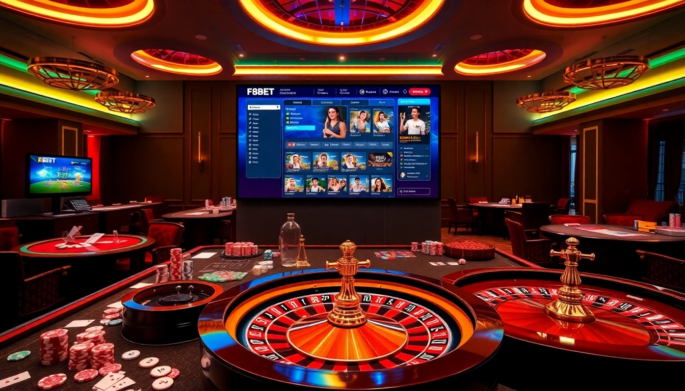 Engaging betting scene at F8BET with casino tables, cards, and vibrant online gambling interface.