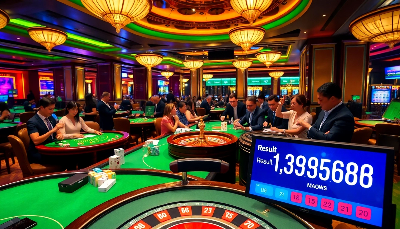 See the latest Result Macau displayed on a digital screen amidst a vibrant casino atmosphere.