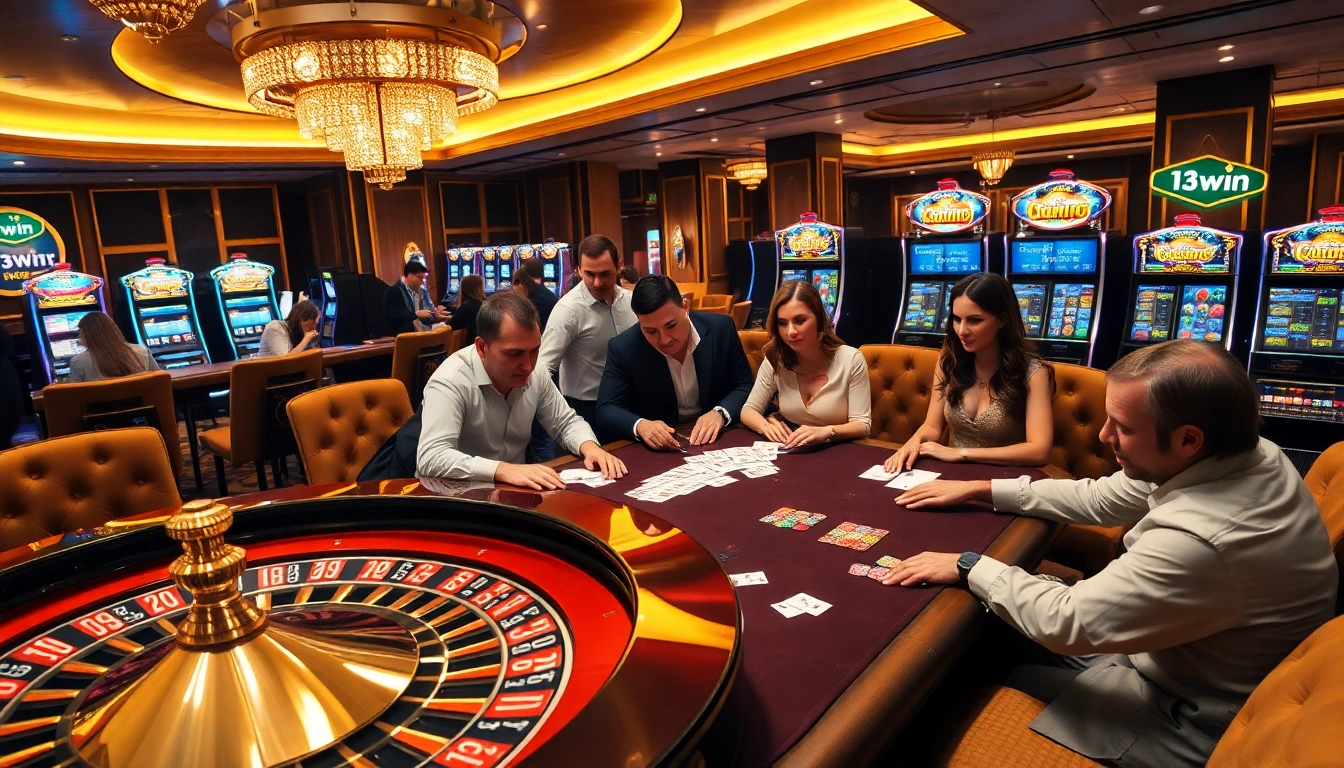 Gambling action at 13win casino with roulette wheel and engaged players.