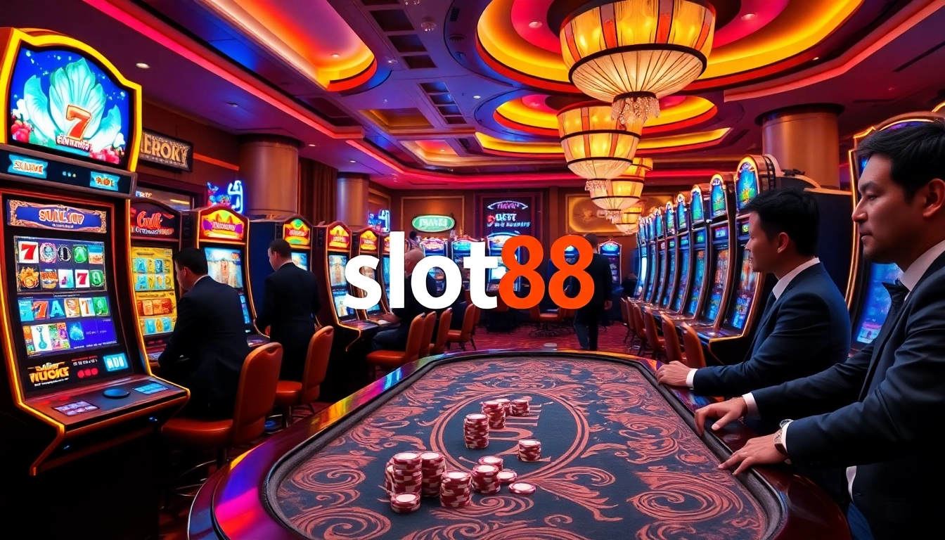 Rasakan sensasi slot88 dengan mesin slot yang berwarna-warni dan pemain di lingkungan kasino mewah.