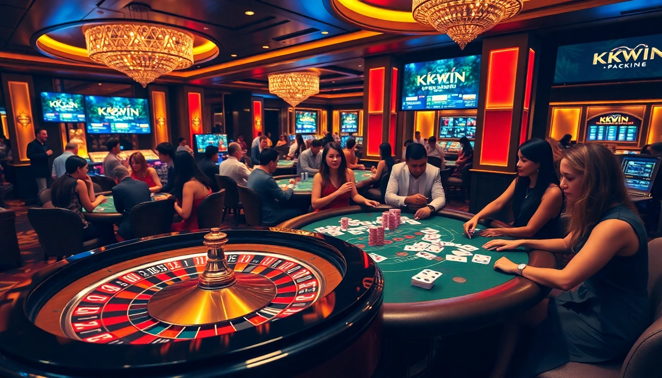 Kkwin casino scene with players at poker and roulette tables, showcasing excitement and luxury.