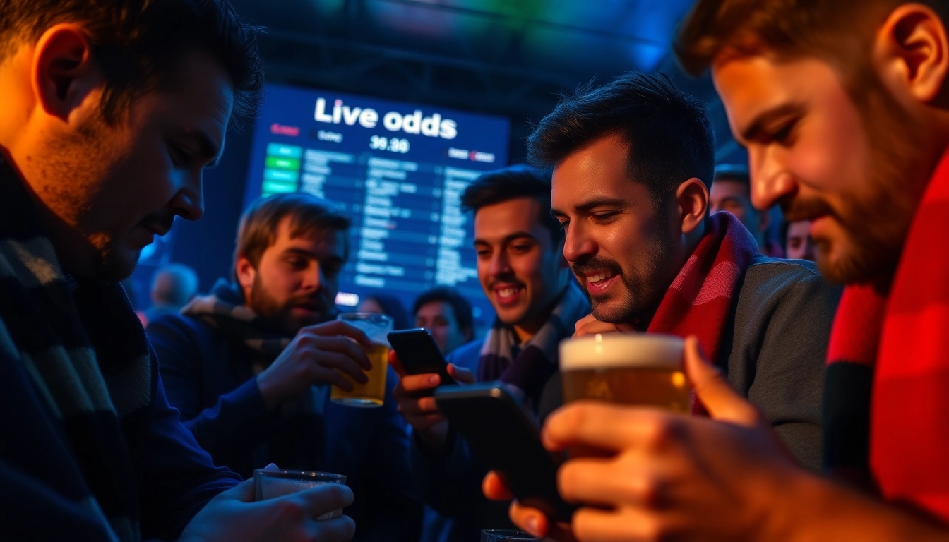Engaged football fans analyzing live betting odds from keonhacai.gold in a vibrant atmosphere.