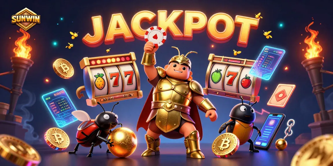 Engage with SUNWIN's gaming excitement through this vibrant scene featuring a victorious beetle in a jackpot celebration.