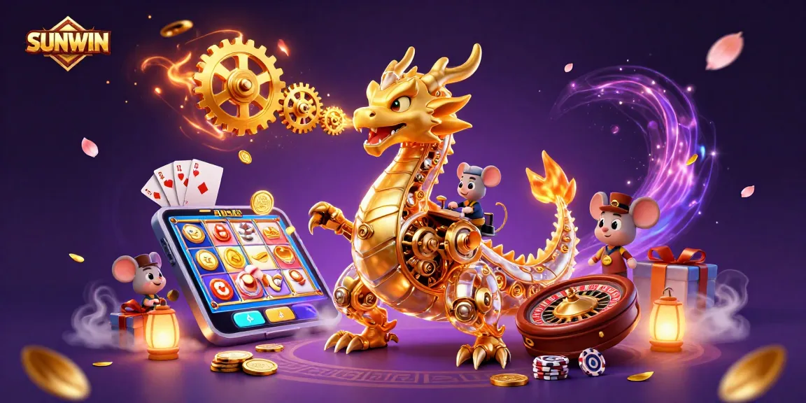 Experience thrilling wins at SUNWIN with a dynamic 3D casino scene featuring a golden dragon and colorful game elements.