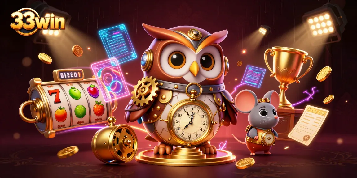 Experience the thrilling adventures of 33win with a time-traveling owl amidst dazzling casino reels and jackpots.