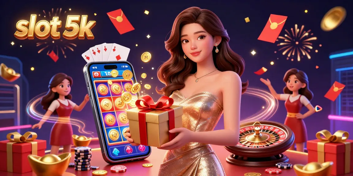 Spin the reels with slot 5k in a vibrant casino scene featuring glamorous elements and festive decorations.