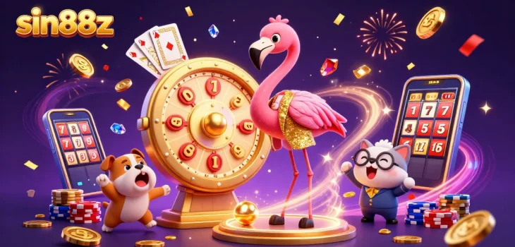 Experience thrilling wins with sin88z: 3D casino illustration showcasing lively game elements.