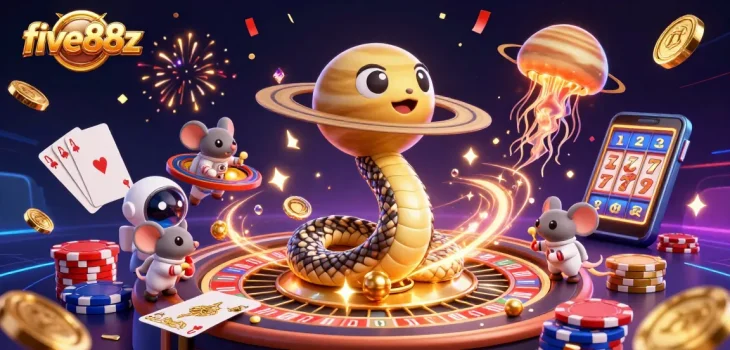 Place bets on five88z's cosmic roulette with vibrant astronaut mice wagering in this animated casino scene.