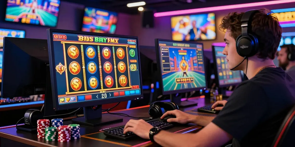 Engaged player enjoying bonus buy slots in a lively online casino environment with colorful lights.