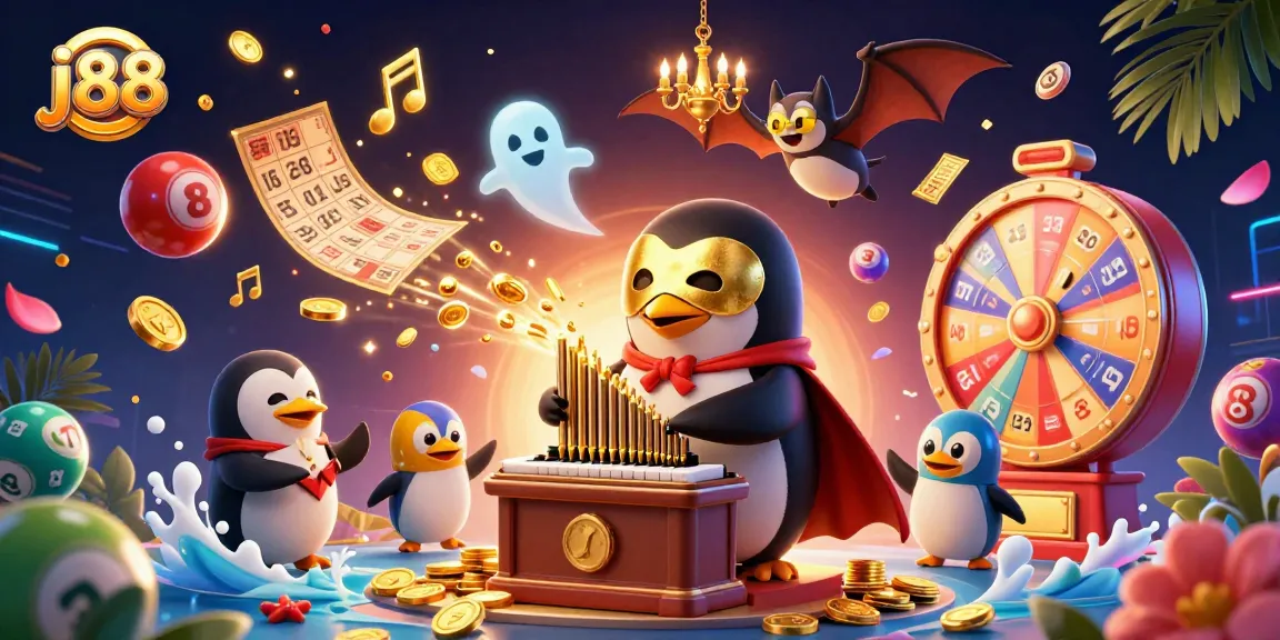 Experience j88's thrilling gameplay with a 3D penguin organist shooting coins in a vibrant casino scene.