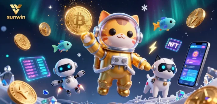 Experience thrilling gameplay at sunwin with a dynamic casino scene featuring 3D characters, gold coins, and vibrant visuals.