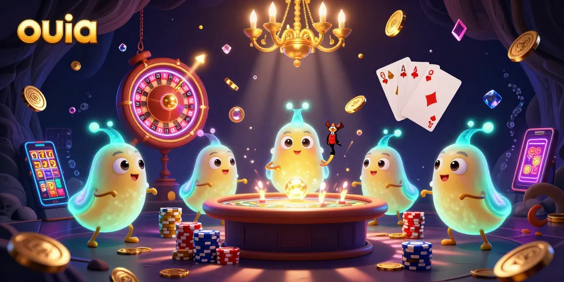 ouia casino scene showcasing glowworms lighting a vibrant gambling cave with coins and cards
