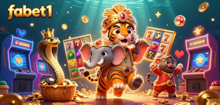 Experience fabet1 with vibrant slot reels, a majestic tiger, and whimsical game elements!