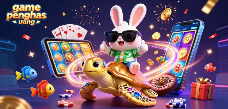 Gambar game online penghasil uang dengan karakter kelinci beruntung dan penyu emas, merayakan kemenangan.