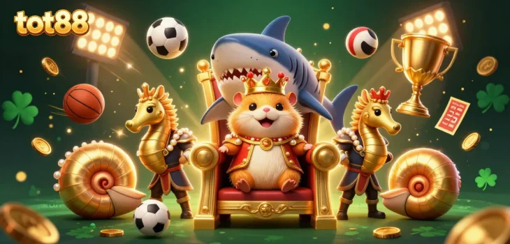 Interact with tot88's unique casino experience featuring a golden hamster king and dynamic sports elements.