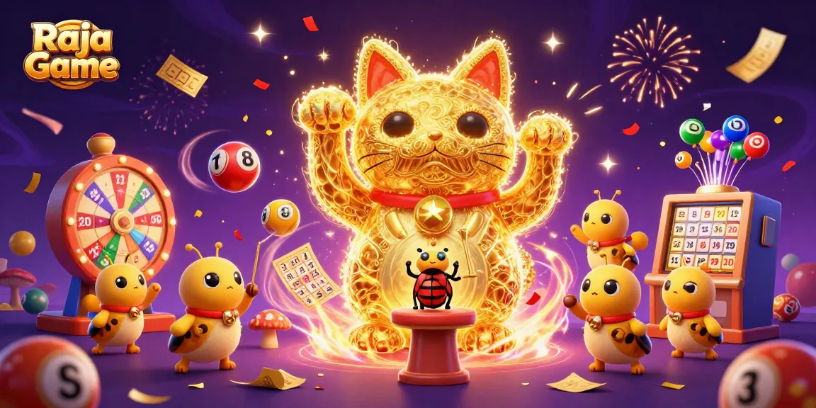 Experience thrilling gaming with Raja Game's vibrant lottery scene, featuring a lucky cat and dynamic casino elements.