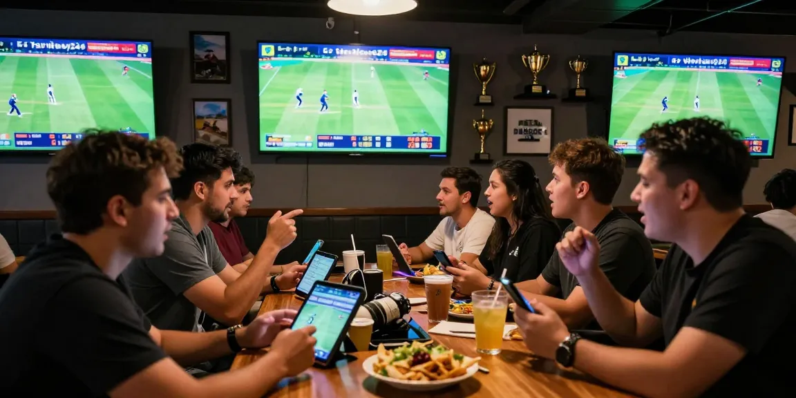 Fairplay24 cricket betting scene in a lively sports bar with fans engaging in live matches.
