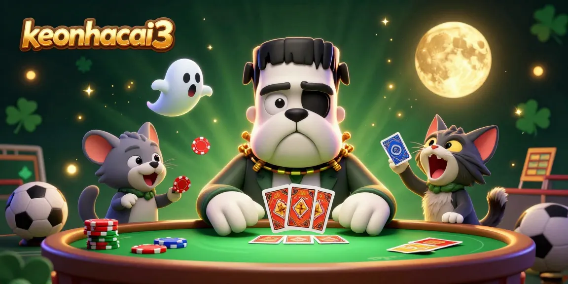 Engage with keonhacai3 for thrilling sports betting adventures featuring a Frankenstein bulldog dealer and ghostly elements.