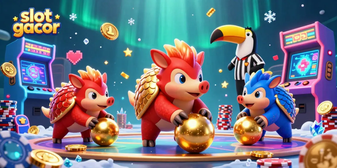 Slot gacor dengan pangolin bersaing dan elemen kasino menarik di dalam ilustrasi 3D.