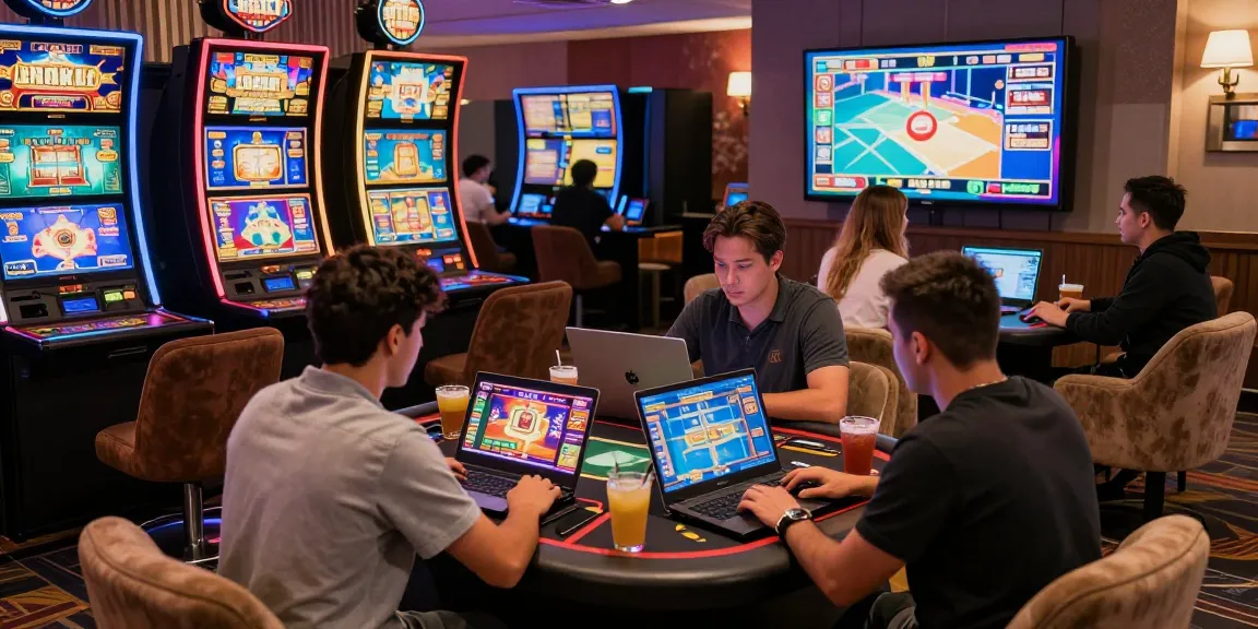 Players exploring new online casinos on laptops amidst vibrant gaming graphics and lively atmosphere.