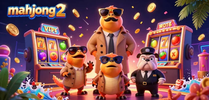 Experience the excitement of mahjong 2 in a dynamic VIP casino scene with raptors and slot machines.