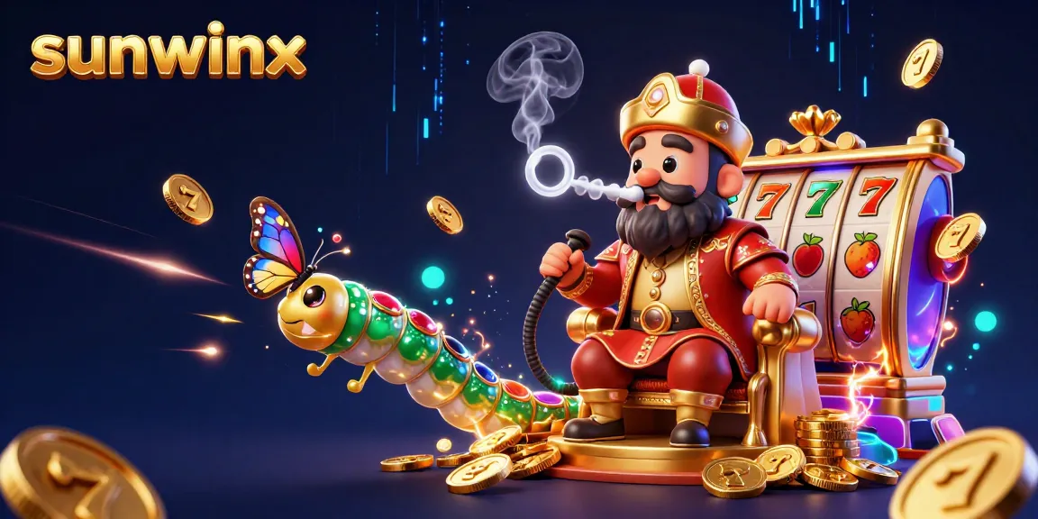 Engage with sunwinx at a vibrant online casino scene featuring slot machine symbols and golden coins.