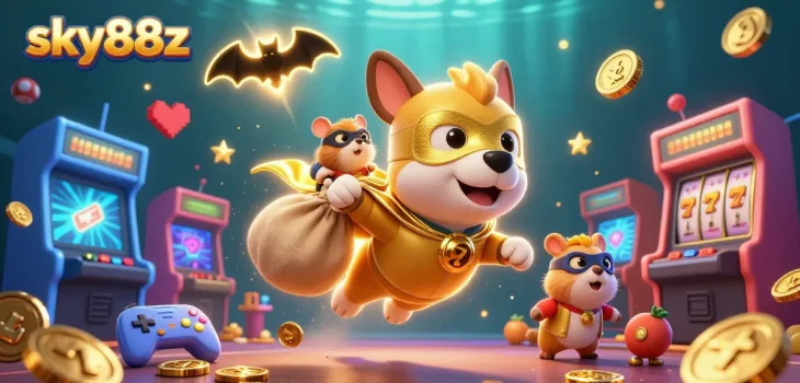 sky88z showcases a vibrant illustration with a superhero dog and hamster in an exciting casino scene
