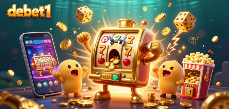 Engage with debet1's golden slot machine hitting a jackpot in a vibrant casino scene filled with celebratory elements.