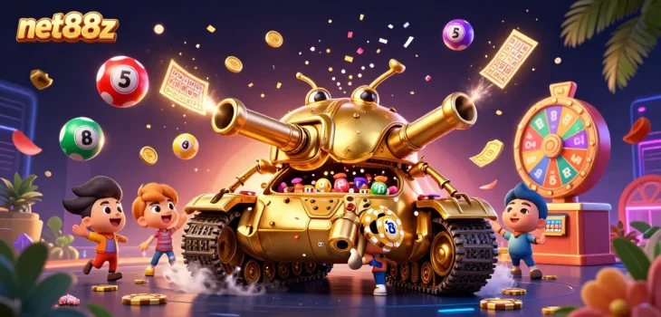 Experience the thrilling net88z casino vibe with vibrant lottery balls and a confetti-filled scene.