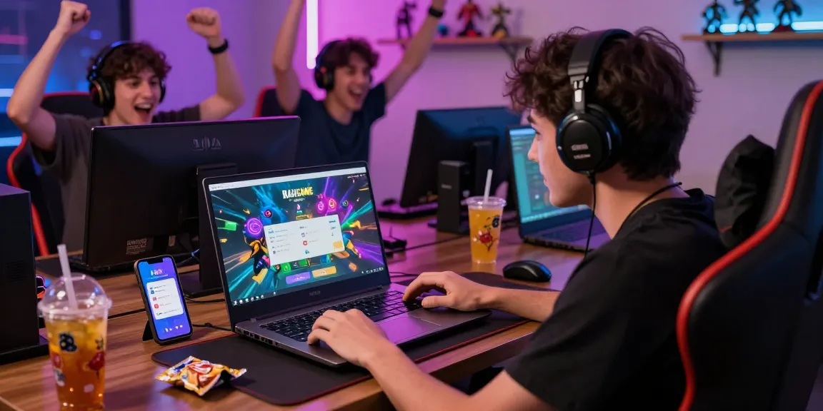 User engaging with Raja Game login screen on laptop, vibrant gaming setup with friends and snacks.