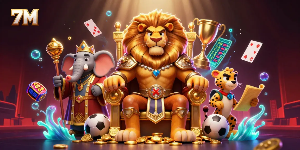 7M sports betting scene featuring a lion king surrounded by trophies and betting elements