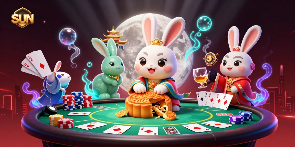 Engage in thrilling gaming with the sun rabbit creating poker chips from mooncakes in a vibrant casino scene.
