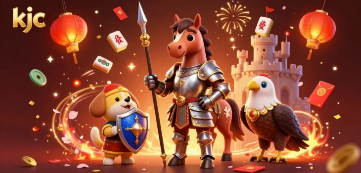 KJC showcases a vibrant online casino experience with a knight, puppy, and falcon, celebrating immersive gaming.
