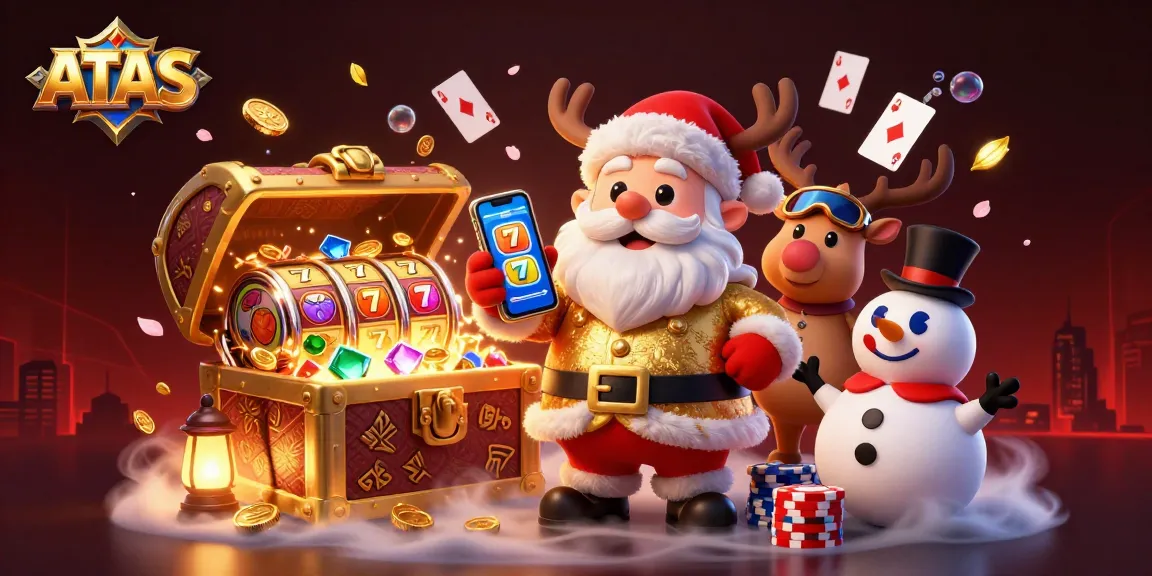 ATAS Casino features a festive Santa celebrating jackpots with rich graphics and vibrant casino elements.