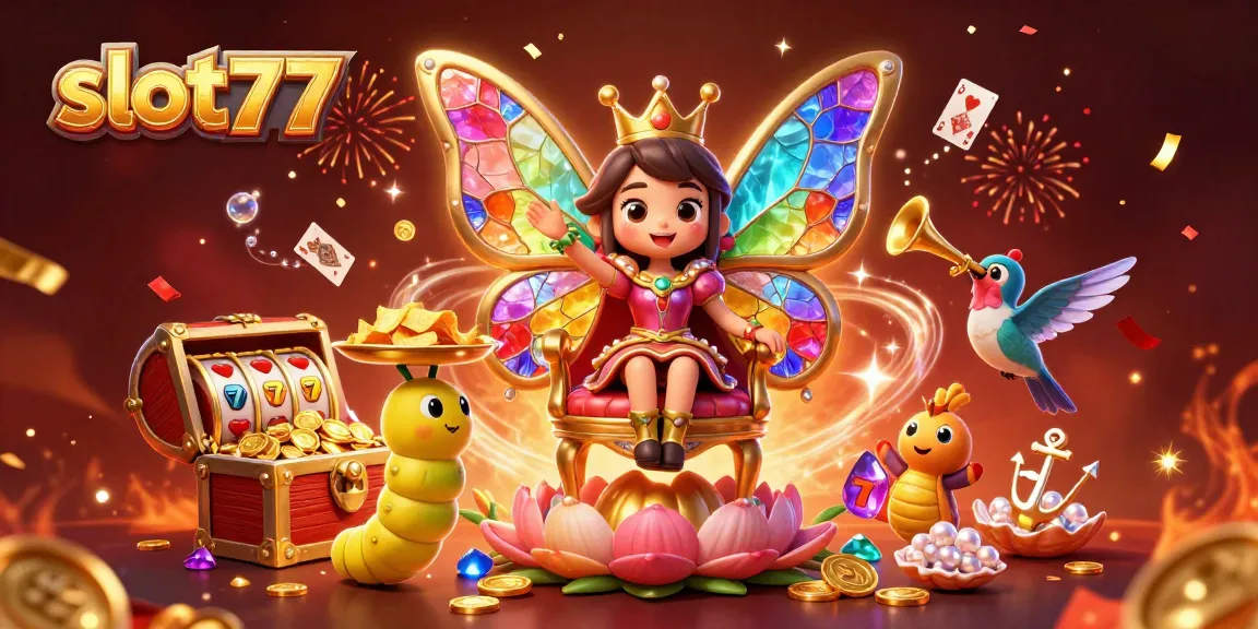 Spin and win big with slot77 in this vibrant casino-themed scene filled with gems and celebration.