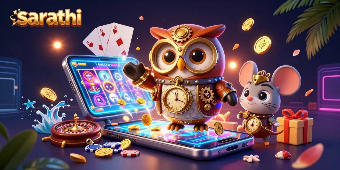 Play exciting slot games at sarathi with a vibrant scene of animated characters and casino elements.