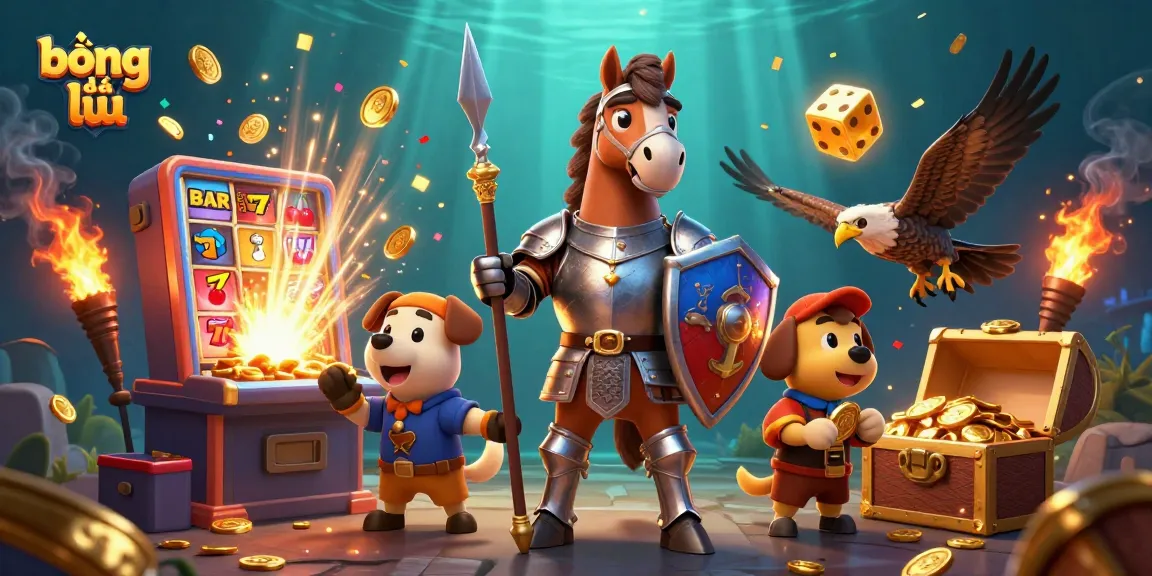 Play thrilling bóng đá lũ with dynamic visuals of a medieval knight horse, puppy squire, and falcon, set against vibrant gaming elements.