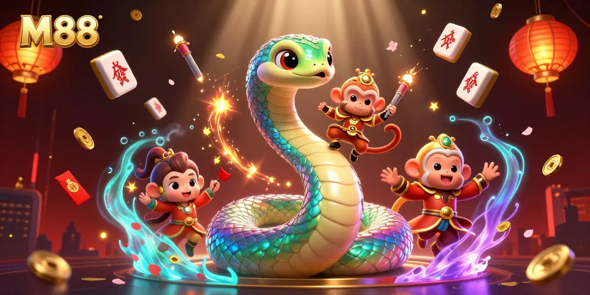 M88's online gaming excitement captures vibrant visuals of a playful monkey king and mystical serpent.
