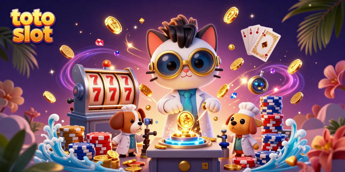 Experience exciting toto slot adventures with a mad scientist cat and lab assistant, showcasing vibrant gaming elements.