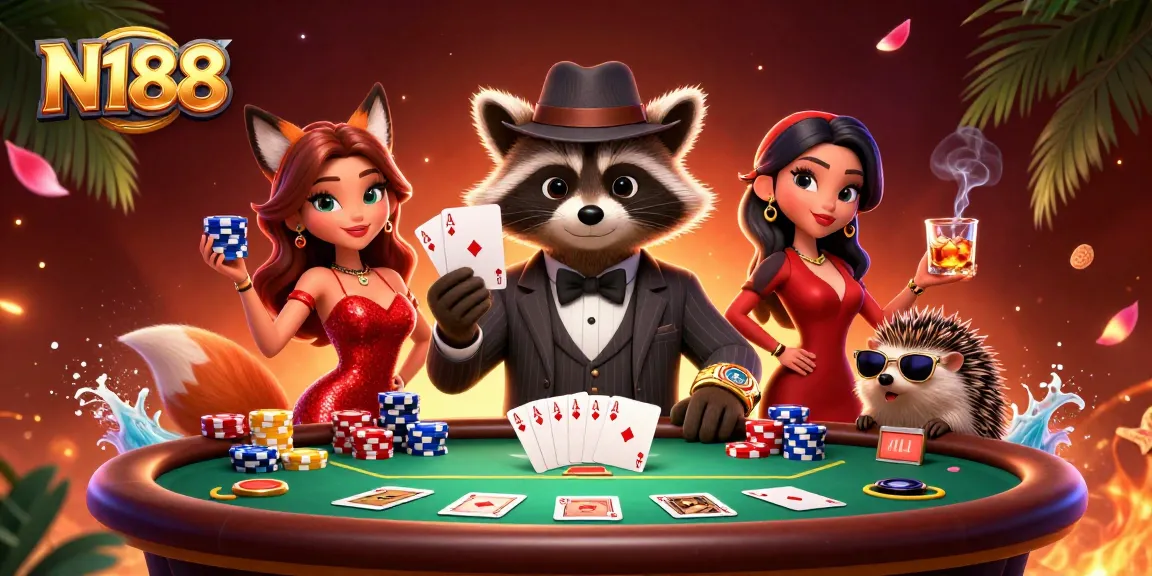 N188 showcases an exciting poker scene with charming characters and vibrant casino elements showcasing the thrill of gaming.