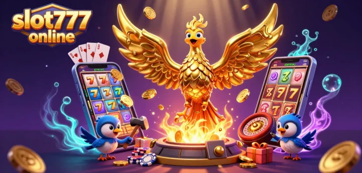 Experience thrilling spins with slot777 online in this vibrant 3D casino scene bursting with action.